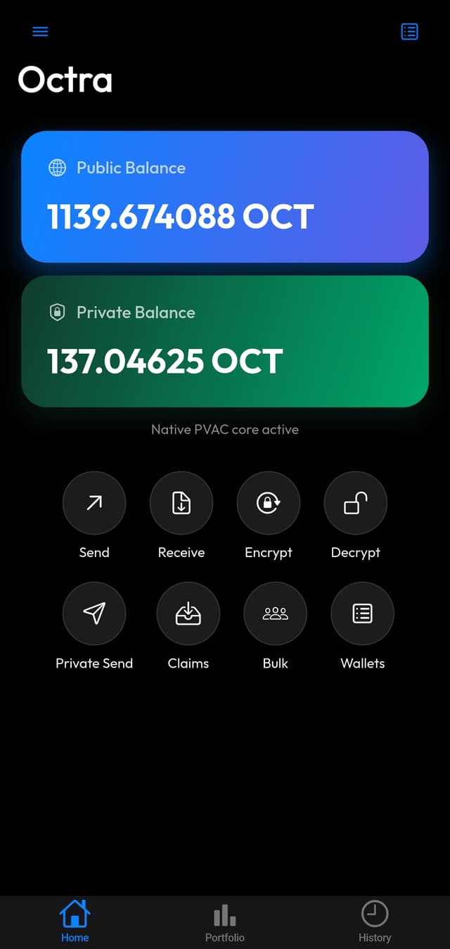 Octra Wallet Home screen: 1139 OCT public balance, 137 OCT private balance, Send Receive Encrypt Decrypt action buttons