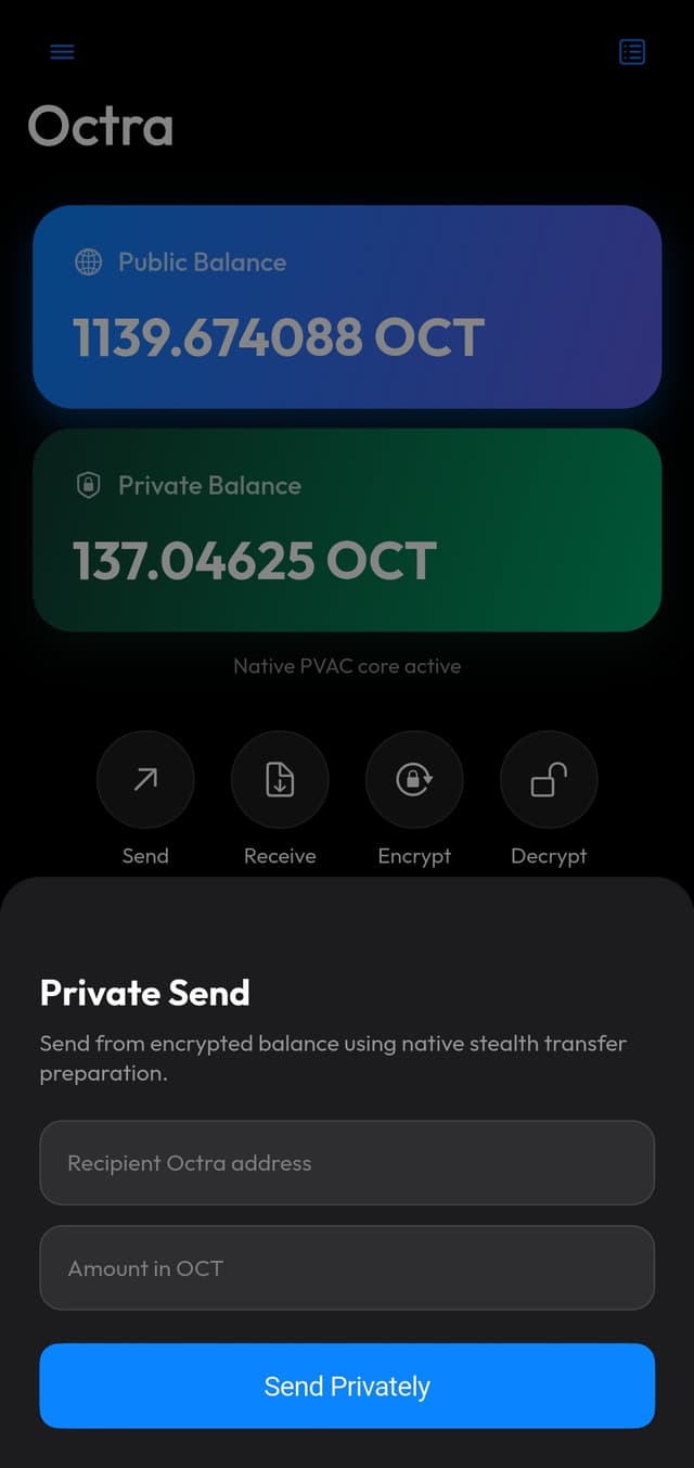 Private Send sheet: stealth transfer with recipient address and OCT amount fields