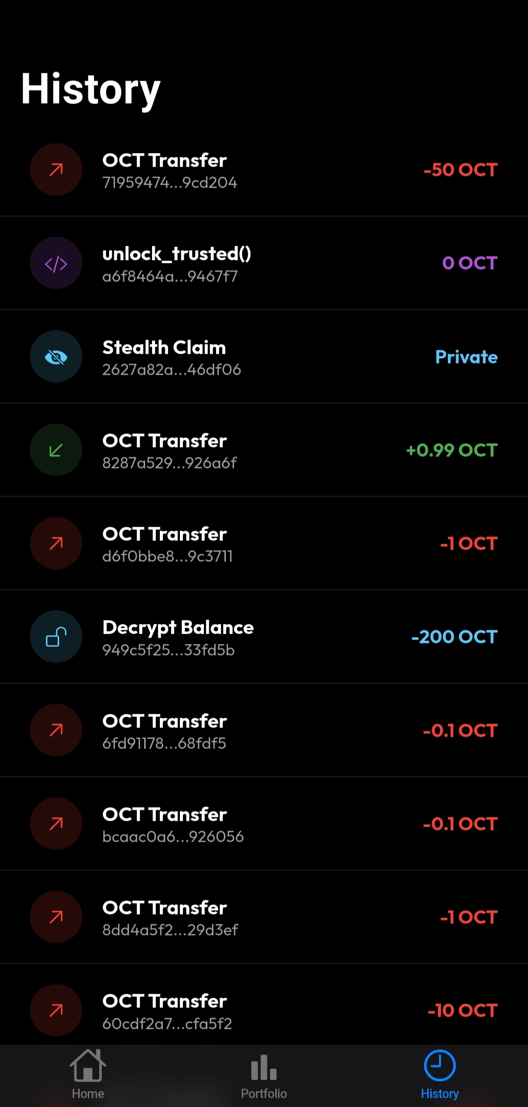 Transaction history: OCT transfers, stealth claims, decrypt operations with amounts